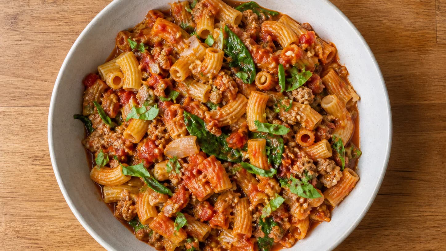 Rigatoni with ground turkey, rustic tomato sauce, spinach and basil in a shallow bowl.