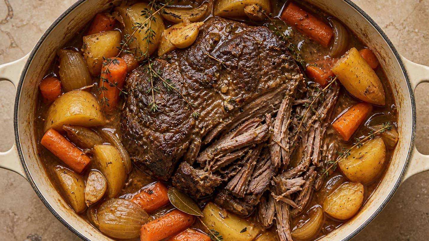 Overhead view of pot roast, carrots & potatoes, served as a family dinner.