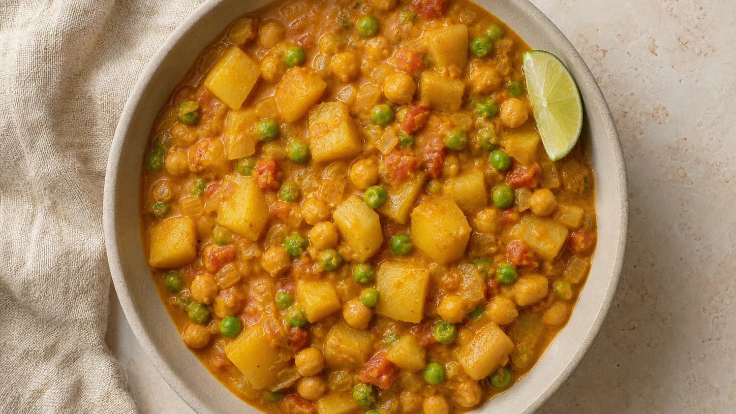 Overhead view of potato-chickpea curry with peas, served as a family dinner.