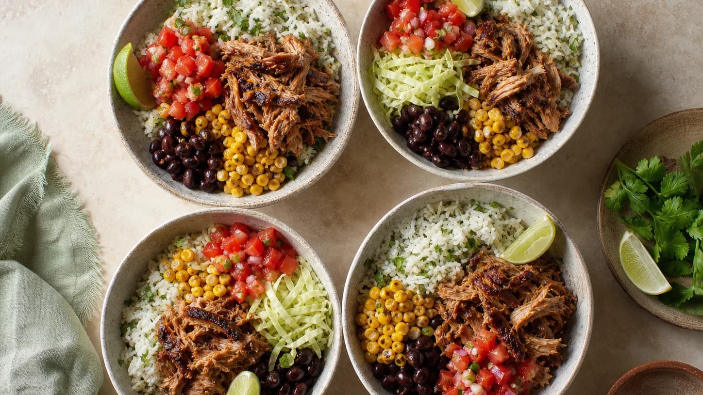Overhead view of pulled pork taco bowls, served as a family dinner.