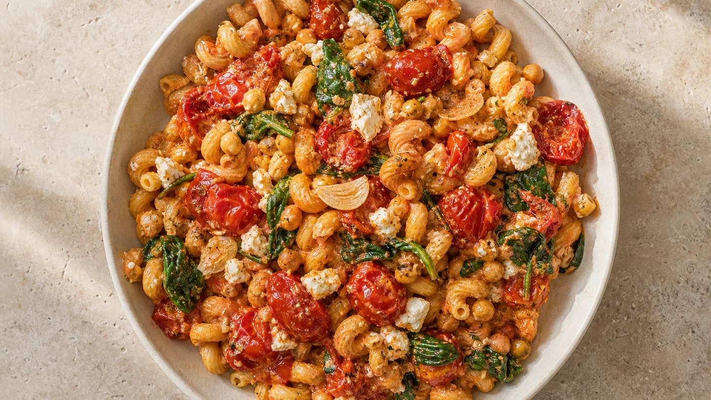 Overhead view of roasted tomato-feta chickpea pasta, served as a family dinner.