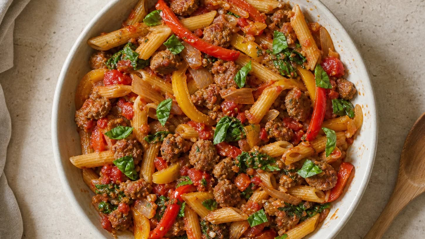 Overhead view of sausage, pepper & tomato pasta, served as a family dinner.