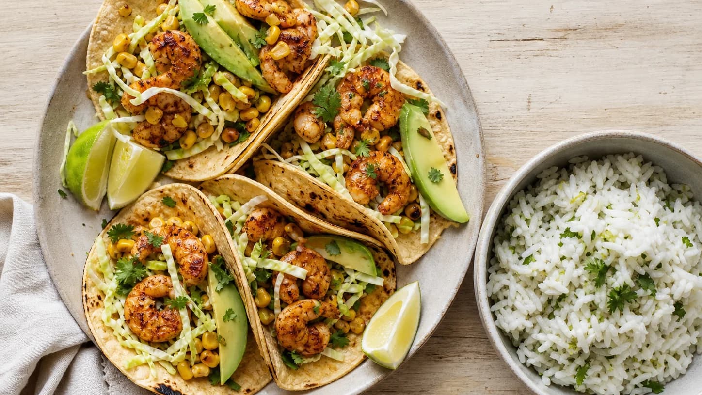 Overhead view of shrimp tacos, cabbage & lime rice, served as a family dinner.
