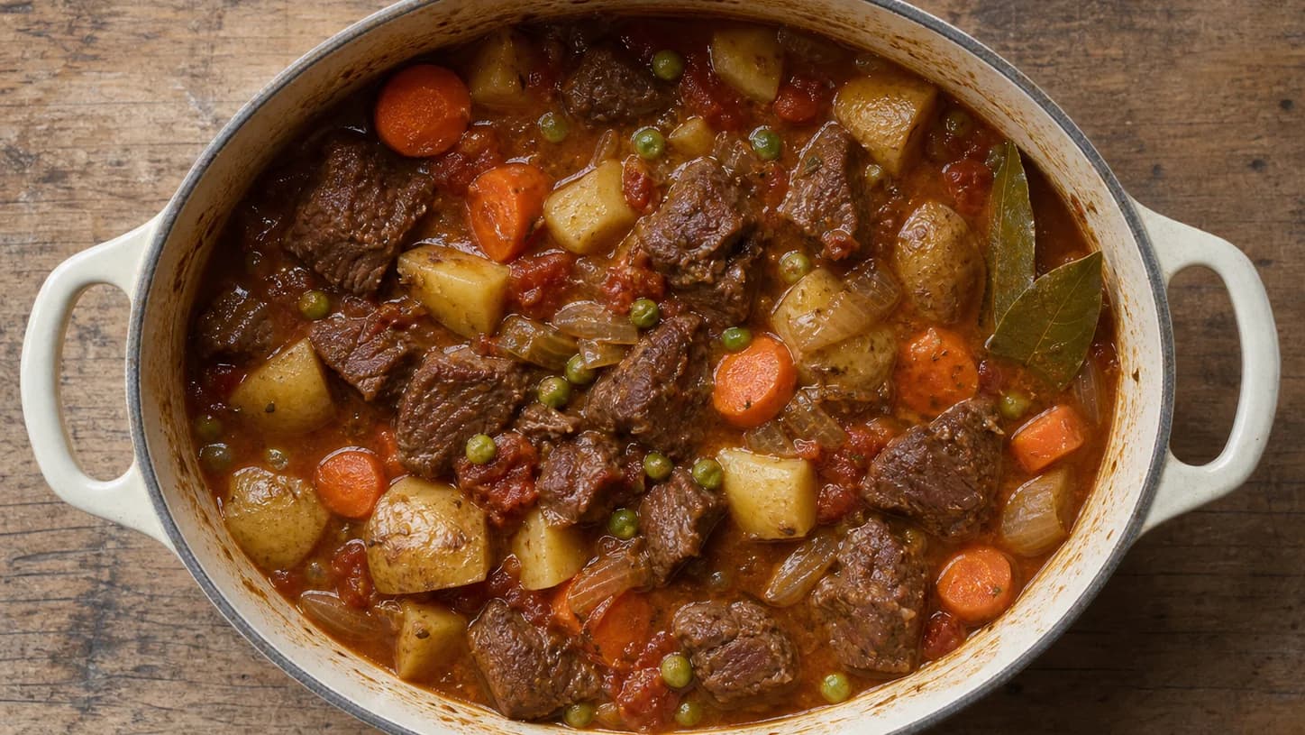 Overhead view of slow-cooker beef stew, served as a family dinner.