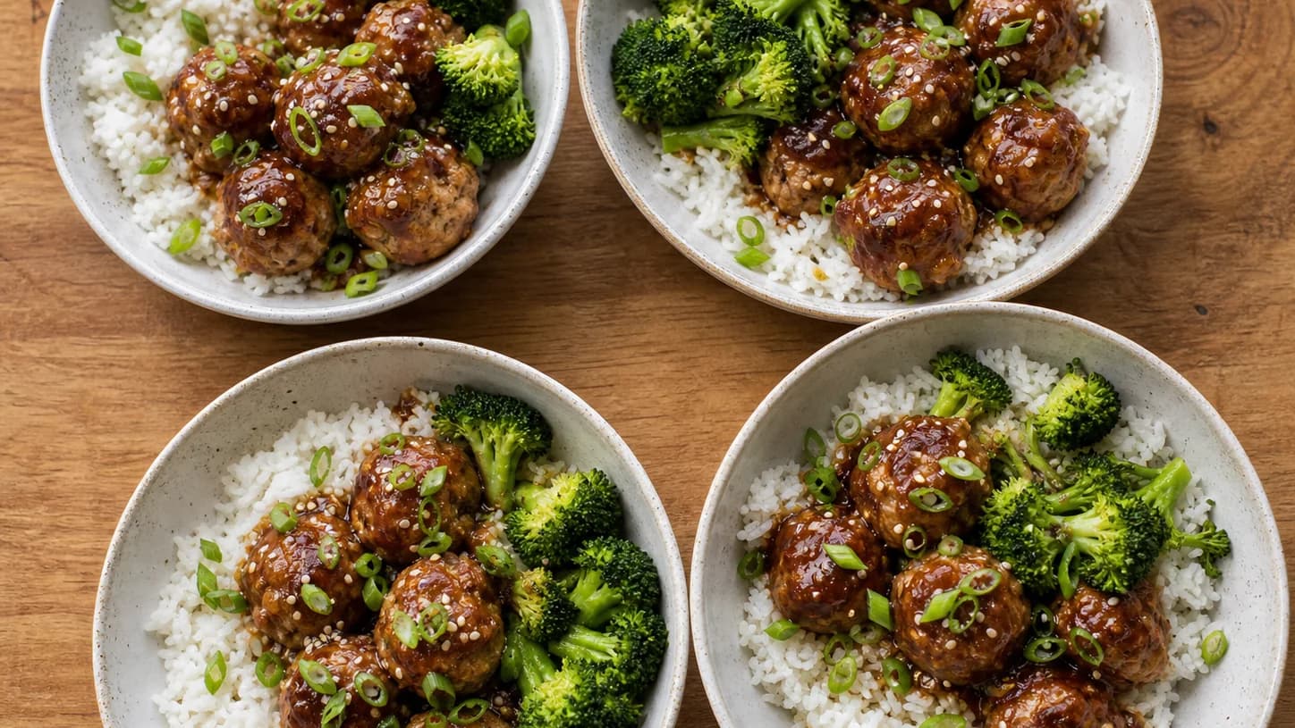 Overhead view of teriyaki turkey meatballs, rice & broccoli, served as a family dinner.