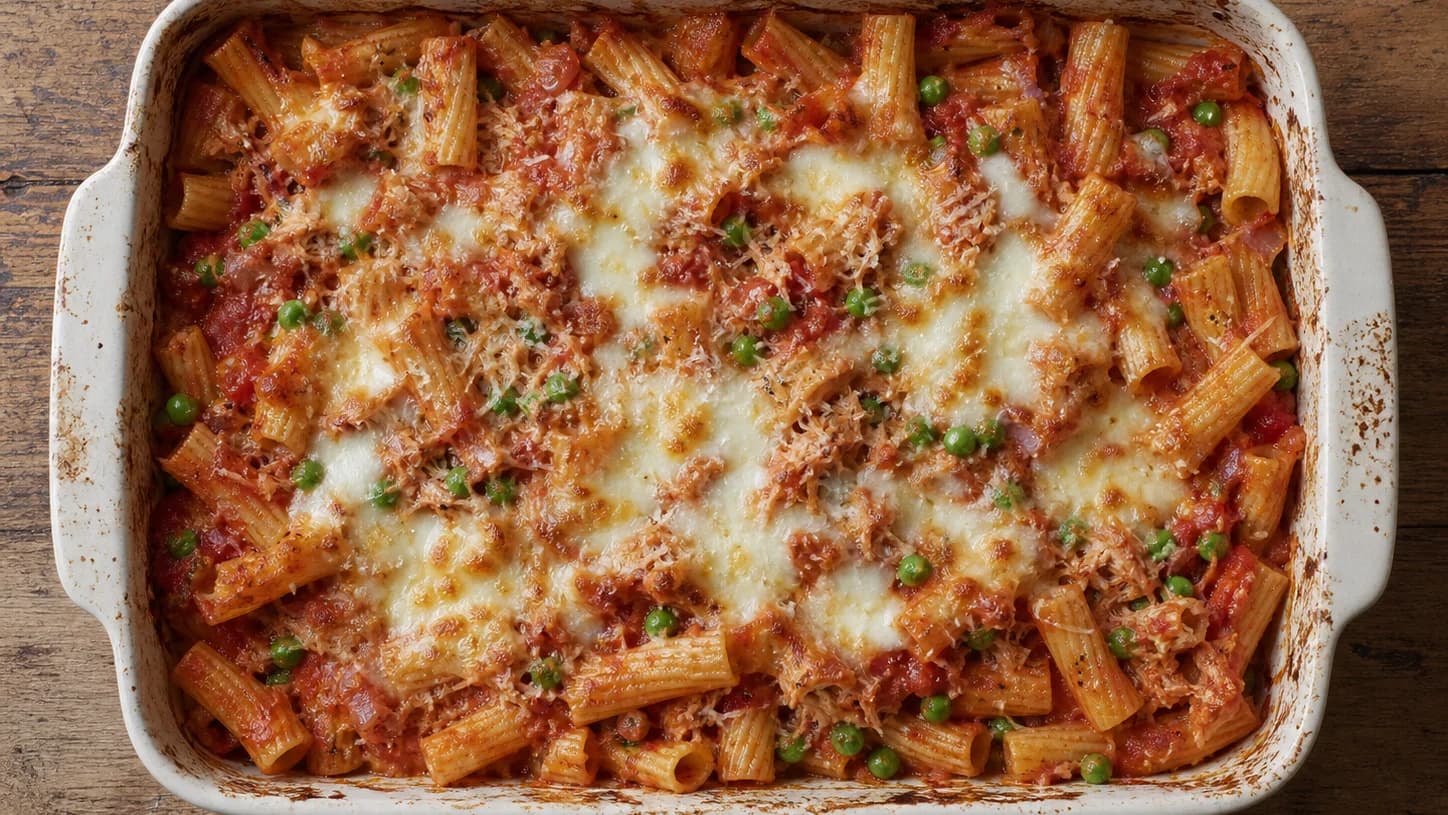 Overhead view of tuna tomato pasta bake, served as a family dinner.