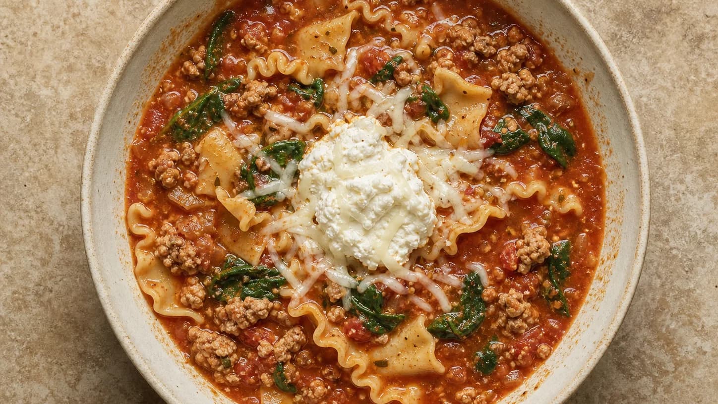 Overhead view of turkey lasagna soup, served as a family dinner.
