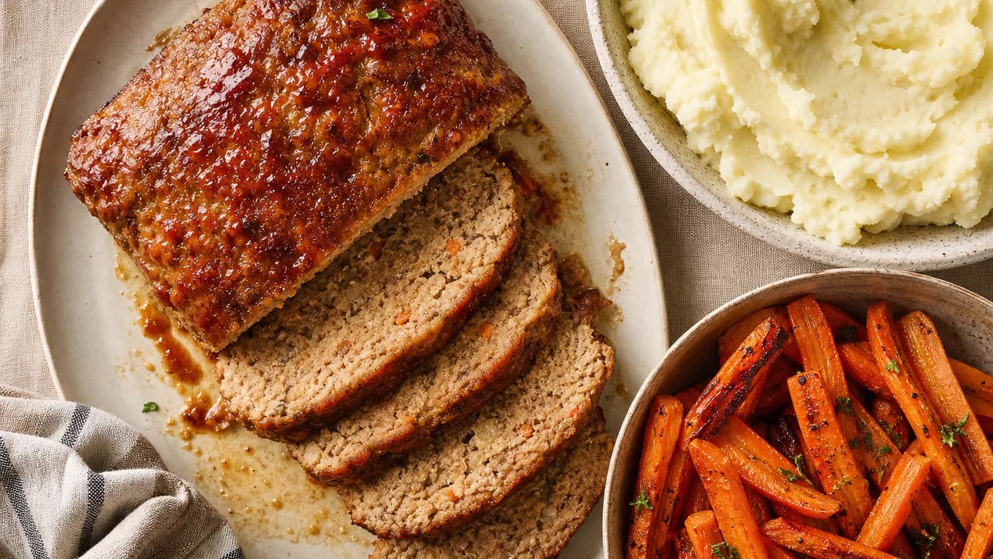 Overhead view of turkey meatloaf, mash & carrots, served as a family dinner.