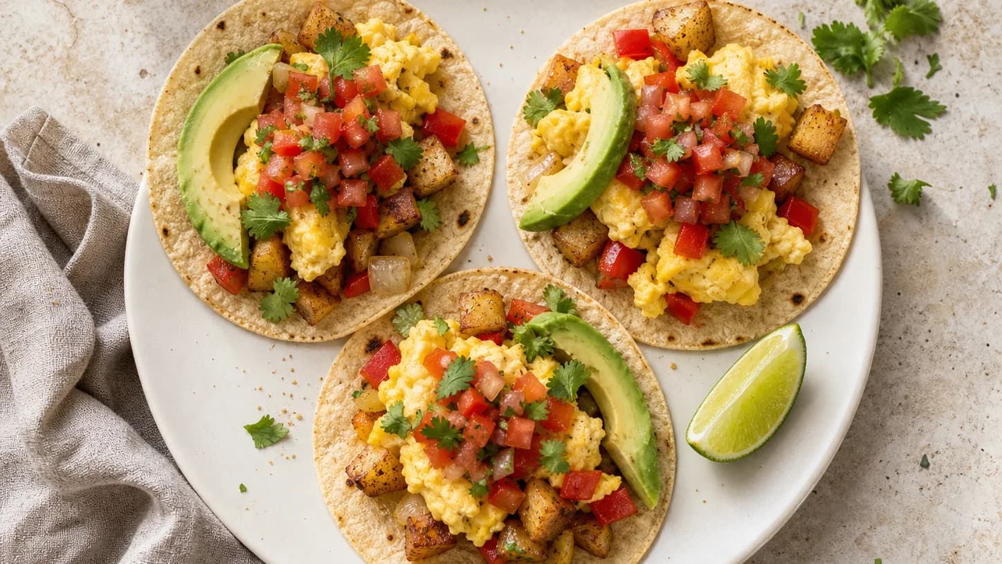Overhead view of veggie breakfast tacos with eggs & potatoes, served as a family dinner.