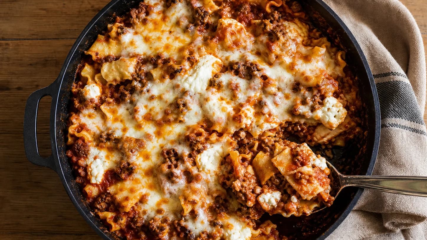 Overhead view of weeknight beef lasagna skillet, served as a family dinner.